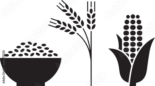 Agriculture icons featuring a bowl of grain, wheat stalks, and a corn cob illustration with raw food