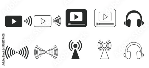 Collection of video and audio icons on white background for multimedia concepts