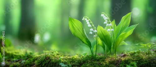 Lily of the valley blooms softly in sunlit forest