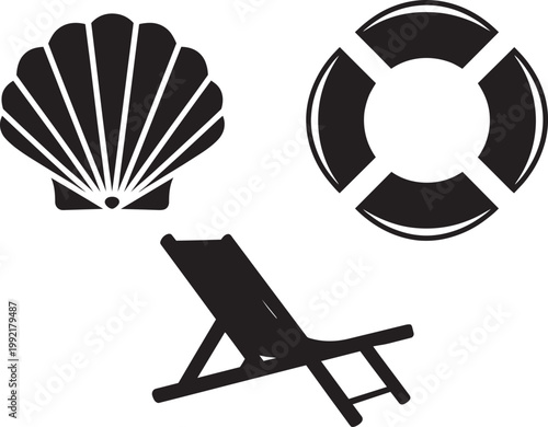 Beach vacation icons, set of 3, seashell, life preserver, and beach chair illustration with summer