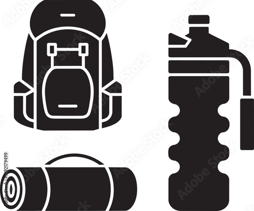 Backpack, water bottle and rolled sleeping mat illustration with reusable bottle, rolled item, and camp