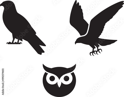 Bird Silhouettes: Owl, set of 3, and 2 Raptors in Flight and Perched with bird silhouette, bird of prey