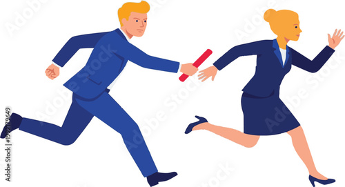 Business people in suits running and passing a baton in a relay race. Conceptual vector illustration of teamwork, partnership, cooperation, business handover, and corporate competition on white backgr