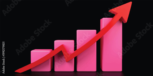 A 3D illustration of a business growth graph featuring a red arrow moving up to signify financial success, market progress, and increased profit on a vibrant red background