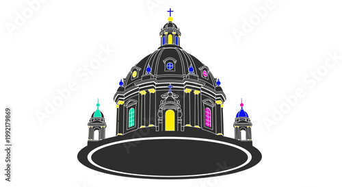 Colorful illustration of a domed building.