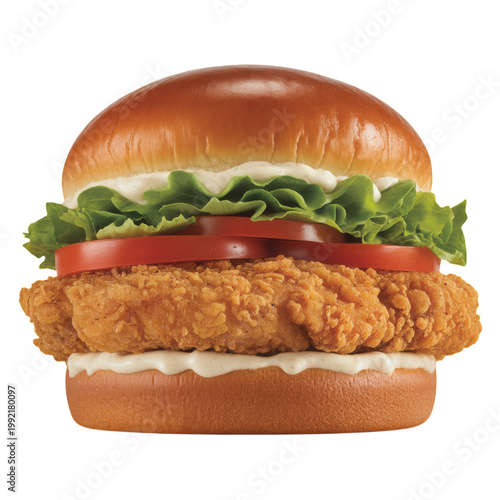 Crispy chicken burger with fresh lettuce and tomato isolated on transparent background