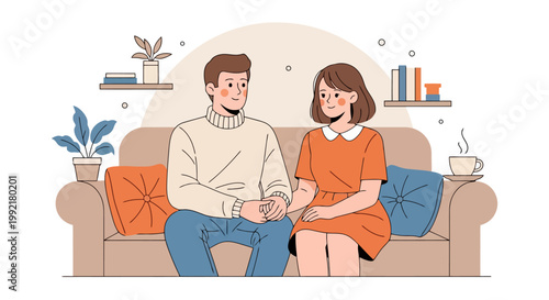 Couple sitting on a sofa holding hands, cartoon style.