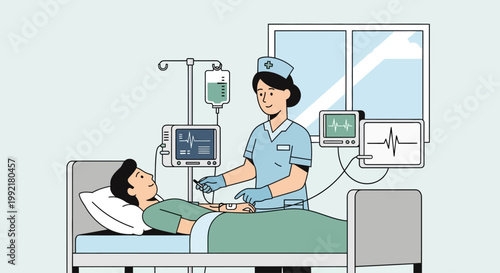 Nurse Monitoring Critical Patient in Intensive Care Unit ICU