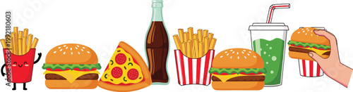 Fast Food Collection with Burger, Fries, Pizza Slice, Soda Drink, and Takeaway Snacks Illustration for Restaurant Menu, Street Food, and Junk Food Design