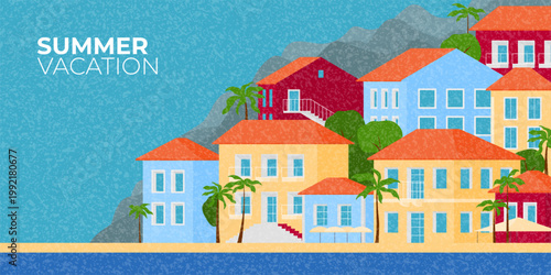 Bright Summer Landscape Of Sea Town Or Village. Vector banner with bright colorful houses and palm trees on coastline of sea. Summer design concept for holiday event and vacation or travel poster.