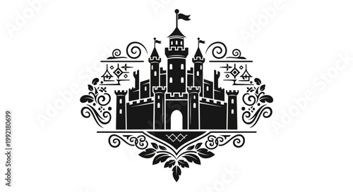 Black and white castle illustration.
