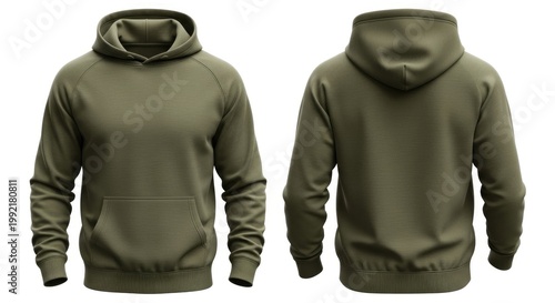 Olive green hoodie mockup front and back isolated blank apparel design