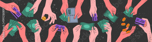 Hand with money wallet. Character paying buy. Person purchased cash. Bank bill and credit card. Economy receives cashflow. Sale coin payments. Vector cartoon flat style isolated garish finance set