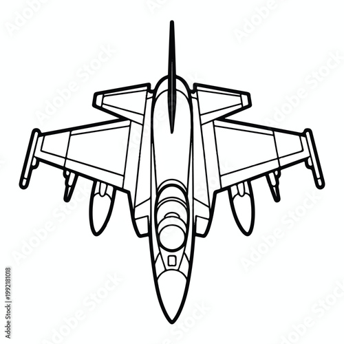 A black and white line drawing of a military fighter jet viewed from above in flight