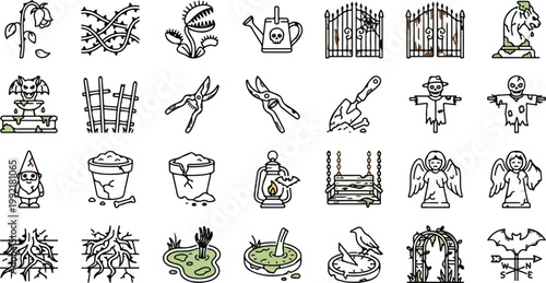 Vector set of haunted garden line icons featuring a gothic fountain, venus flytrap, scarecrows, gargoyles, and spooky outdoor landscaping elements.