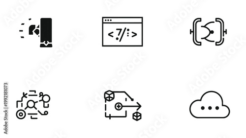 Iconic Code Elements: A collection of meticulously crafted icons represents various facets of coding, design, and cloud computing. The minimalist style enhances their visual appeal