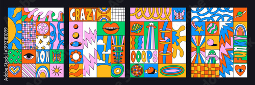 Hippie pattern. Psychedelic frame. Sticker funky graphic. Comic design character. Groovy card summer. Vibe funny poster comic style shape. Cartoon patchwork. Colorful pop art vector garish collage set