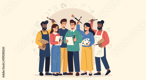 Diverse Group of Artists Holding Art Supplies in a Studio.