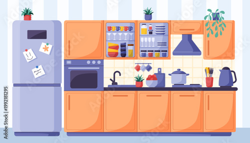 Kitchen interior. Food preparing room. Cooking for breakfast. Lifestyle cook. Domestic furniture dining. Household stove and sink faucet. Shelves for appliances. Vector modern garish home cupboards