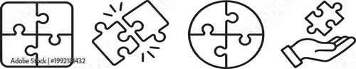 Puzzle piece icons set including hand holding puzzle piece connecting solutions
