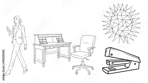 A woman walks towards an office desk with chair and stapler nearby