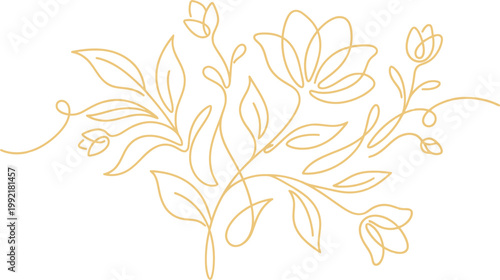 Elegant single line drawing vector illustration featuring a beautiful bouquet of delicate flowers with long stems and soft organic leaves
