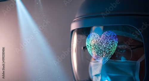 Futuristic Medical Concept: Doctor wearing Protective Helmet with Digital Holographic Heart Display, AI in Healthcare and Cardiology Analysis