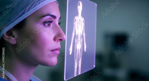 Female Surgeon Analyzing Human Anatomy Through Futuristic Hologram Interface in High-Tech Medical Facility - AI Concept