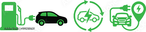 Green electric vehicle charging and sustainable energy line art icons set