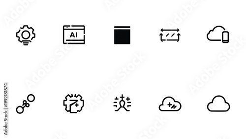Tech Icon Array: A carefully curated collection of minimalist icons, embodying modern technological concepts. Each symbol tells a story of innovation, design, and digital efficiency. 