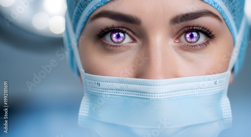 Futuristic Female Surgeon with AI Integrated Vision and Digital Eye Reflections in Operating Room