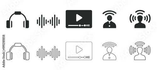 Collection of audio video communication icons on white background