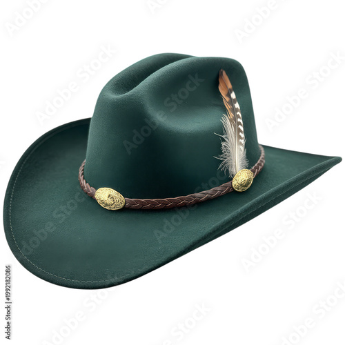 Dark green cowboy hat with decorative band isolated on transparent background