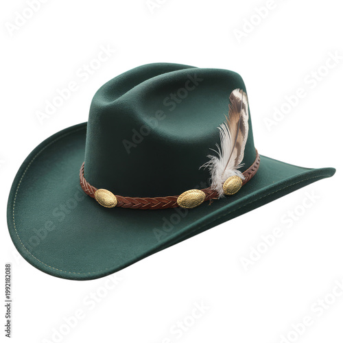 Green cowboy hat with decorative band and feather isolated on transparent background