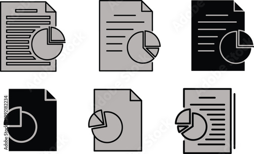 Data analysis report icons set with pie chart documents, statistical illustration design, business presentation, infographic elements, analytics concept, professional productivity symbols