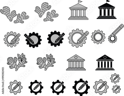 Education, science, and technology icons set featuring coral shapes, classical buildings, gears, pencils, innovation, learning, research, professional design illustration