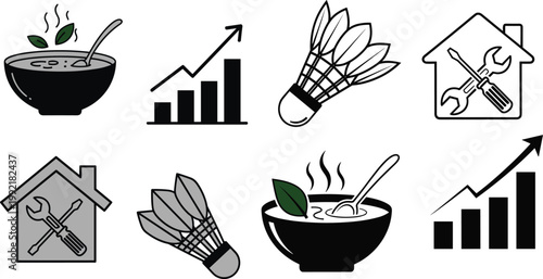 Food, growth, sports, and home repair icons set featuring soup bowl, bar chart, shuttlecock, house maintenance, professional design illustration concept