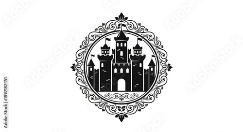 Black and white castle emblem crest.