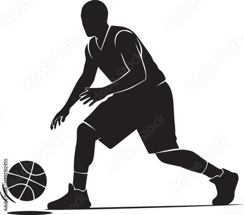 Basketball player dribbling ball on court during game action silhouette.