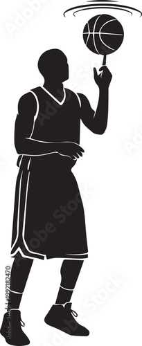 Basketball player spinning ball on finger during game action silhouette.