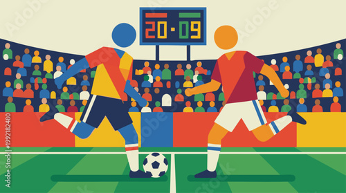Tableau sur toile Soccer match illustration with players, ball, scoreboard, and stadium crowd
