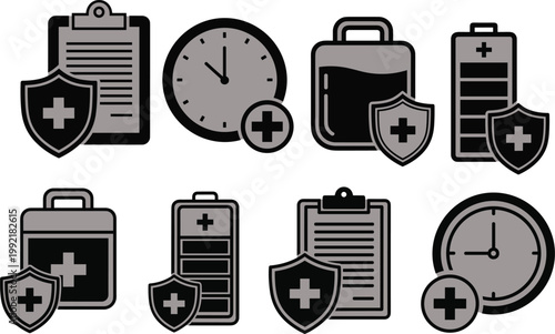 Healthcare and medical icons set featuring clipboards, clocks, battery indicators, shields with crosses, protection, safety, wellness, documentation, efficiency illustration design