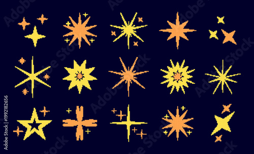 Star pixel art. Game sparkle, retro firework. 8 bit decoration. Y2K shiny light icon. Twinkle glow, yellow magic shape symbols, glitter dots shapes. Vector garish sign isolated digital elements set