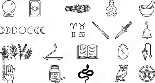 Collection of mystical witchcraft line icons featuring a crystal ball, tarot card, zodiac signs, magic wand, athame, owl, and spiritual ritual tools.