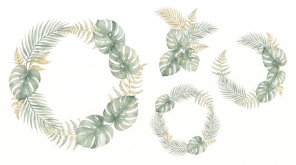 Watercolor tropical leaf wreaths and floral arrangements with monstera and palm leaves