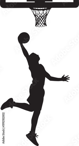 Black silhouette of basketball player dunking ball, intense athletic action during game on transparent background.