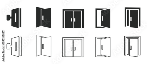Set of door icons in black and white on white background for business or design use