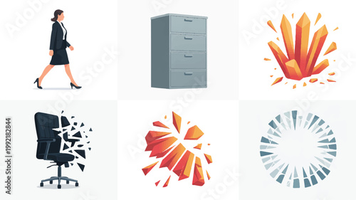 A woman walks past a gray filing cabinet and office chair with abstract explosive graphics.