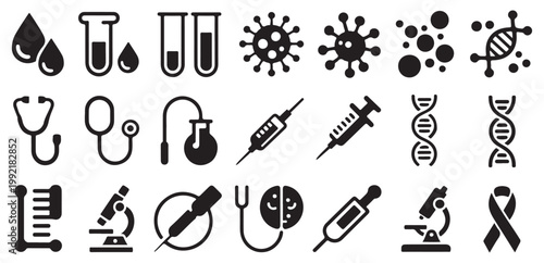 Medical Equipment Icons – Syringe Bottle Heart Healthcare Symbols. Vector illustration eps 10