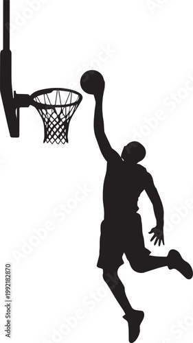 Basketball player jumping to dunk ball into hoop, dynamic motion, high jump, isolated silhouette on transparent background.